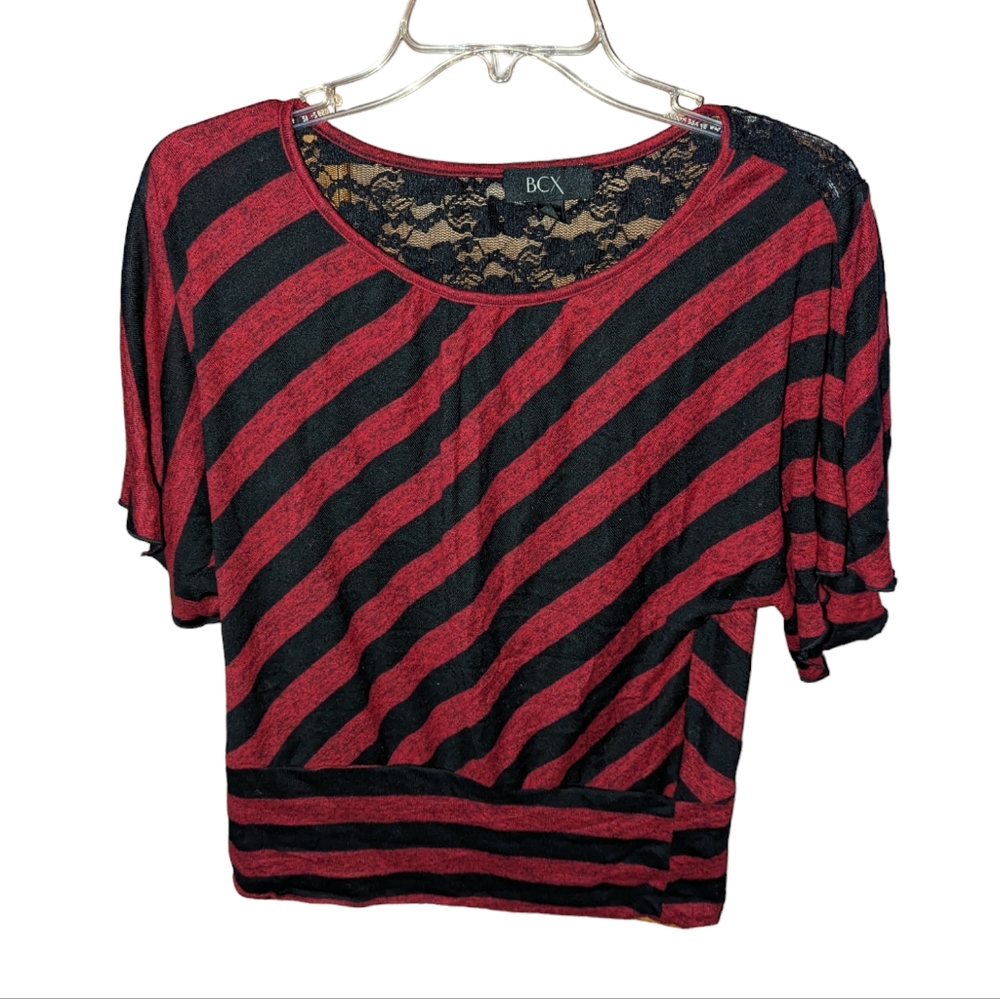 BCX Large Red and Black Striped Top with Lacy Back